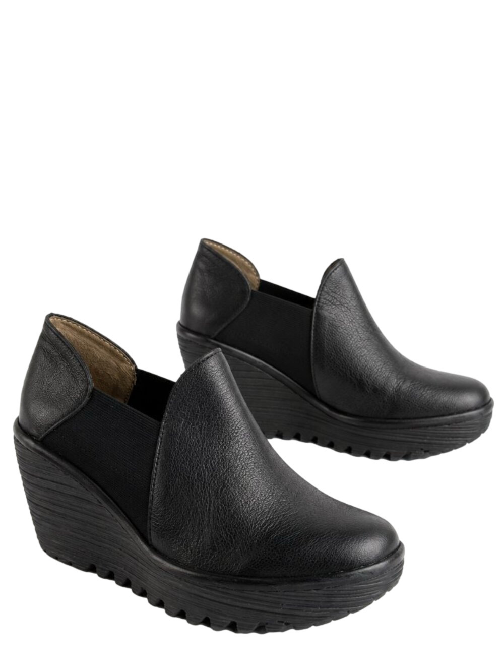 Fly London Black Leather Wedge Slip-On Shoes Comfort Platform EU 38 US 7.5